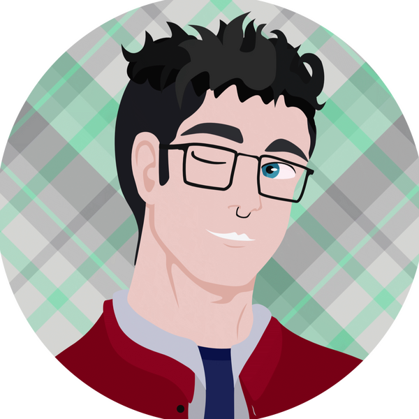 a drawing of a man with curly black hair, wearing a red and gray jacket.